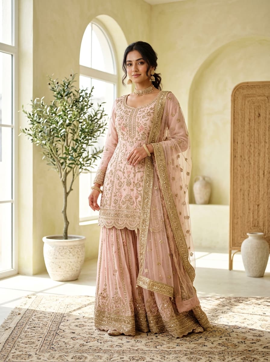 Model photograph generated from a blush pink sharara set laid flat